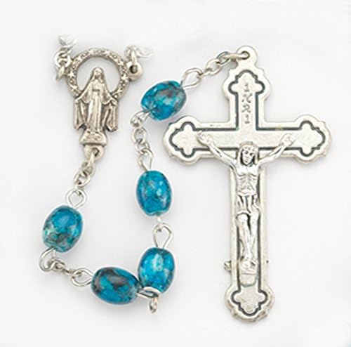 Rosário de vidro azul favorita com contas ovais em mármore e cadeia de prata e crucifixo