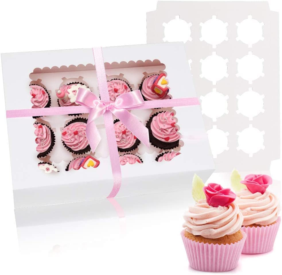 As caixas de cupcakes Raropop de 25 sets seguram 12 cupcakes padrão, caixas de transportadoras de cupcakes de nível de alimentos com janelas e inserções para cupcakes, muffins e doces