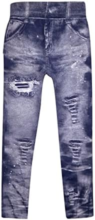 Calças casuais femininas imitação de jeans de jeans elástica de cintura alta altas calças de jeans raspadas de jeans