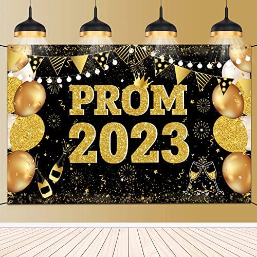 Grande 71 x 43 Black Gold Prom Cenário 2023, decorações de cenário do baile para a festa 2023, bandeira do baile 2023 para decorações de festas em preto e ouro