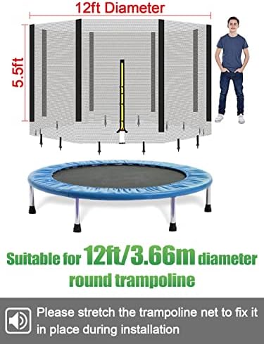Rede de trampolim de 12 pés - rede de segurança do gabinete de substituição para 8 postes de trampolim redondos, peças de rede de barreira de trampolim de nylon com fivelas de zíper duplo e proteção