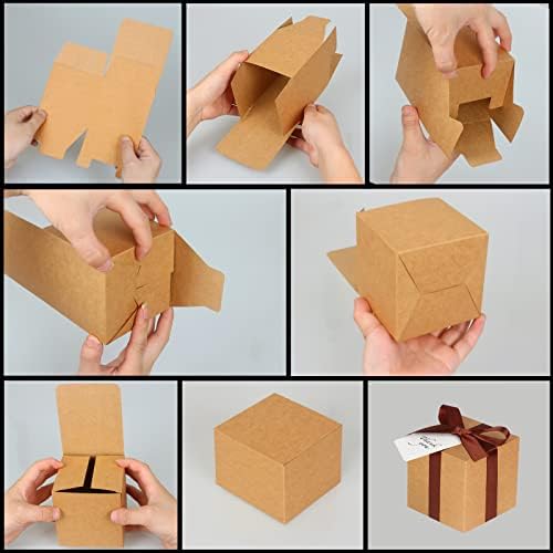 Doyide 100 pacote pequenas caixas de presente, 3x3x3 polegadas favorece caixas de papel marrom de papel marrom com tampas para presentes, artesanato, caixas de cupcakes, presentes, caixas de doces para festas de chá de noiva para festas de casamento favores