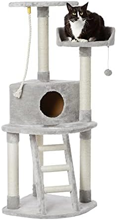 Basics Cat Condo Tree Tower com postagem de arranhões e escada de etapa - 19 x 19 x 52 polegadas, cinza claro