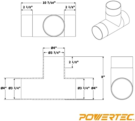 Powertec 70107V 4 T-ajuste para mangueira de coleta de poeira, 1 PK