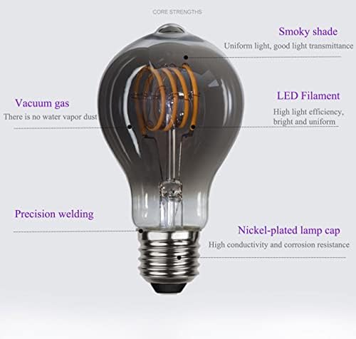 Lâmpada A19 Vintage Edison Filamento, 6W equivalente 60W E26 Branco quente 3000K AC110V Antique flexível LED de LED em espiral Lâmpada LED, acabamento em vidro cinza esfumaçado, aduntável, 4 pacotes
