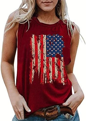 4 de julho Tampo de tampo para mulheres sem mangas U Camisetas de pescoço American Flag Star