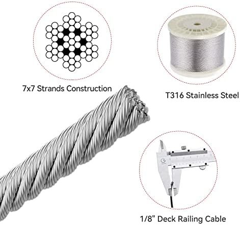 Cabo de aço inoxidável 1/8 com fios Cutter7x7 Construção, aço inoxidável T316 para trilhos de convés, cerca de varanda,