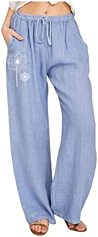 Calças de verão femininas de dsodan, cintura elástica de cordão de gado larga perna larga yoga calça de dente-de-leão-de-leão