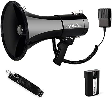 MyMealivos megafone com sirene bullhorn 50 watts - alto -falante de bullhorn com microfone destacável, cinta leve portátil