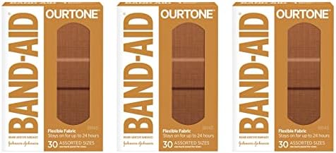 Band-Aid Brand OurTone Adhesive Bandrages, proteção flexível e cuidados de pequenos cortes e arranhões, bloco de quilt-aid para feridas dolorosas, BR45, tamanhos variados, 30 ct, pacote de 3