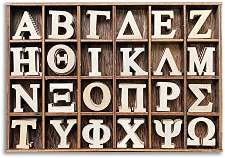 120 peças 1 polegada de madeira pequena letras gregas com organizador de armazenamento ousado alfabeto grego de madeira inacabada