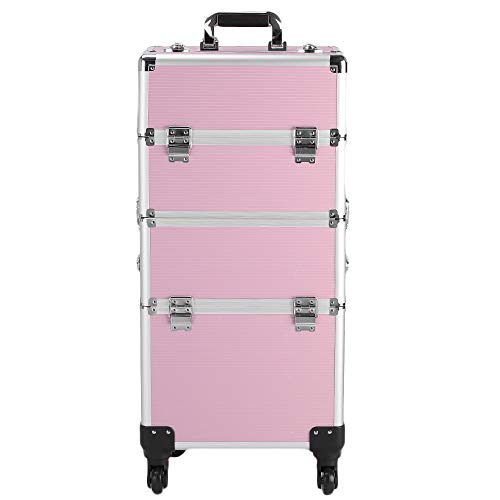 Caixa de trem de maquiagem cosmética de alumínio Henf, carrinho de rodas giratórias removíveis de 3 em 1 rolamento, caixa de armazenamento de tatuagem telescópica do organizador de artistas profissionais, alça de elevação telescópica, rosa