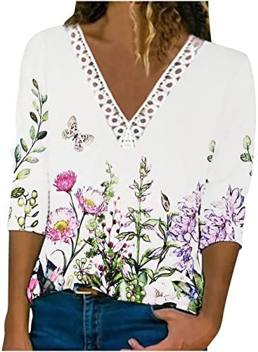 Túnica tops para feminino 3/4 mangas de renda de renda em v-shirt verão moda boho camisas florais