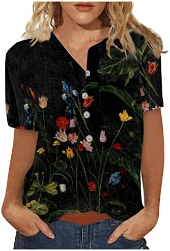 Tops de verão feminino V Botão de pescoço de manga curta camiseta floral camisetas de túnica 2023 blusas casuais de moda