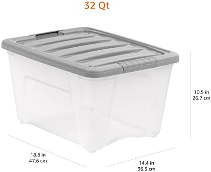Basics 32 Quart Cito de armazenamento de plástico empilhável com tampa de tampa- pacote clear/ cinza de 6