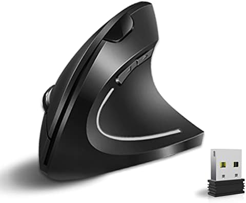 Mouse ergonômico vassink, mouse sem fio recarregável, ratos ópticos verticais sem fio recarregáveis ​​de 2,4 GHz com receptor USB, 6 botões, 800/1200/1600 dpi, para laptop, PC, computador preto