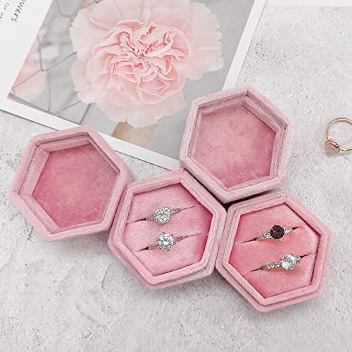 Caixa de anel de jóias da Chicche para cerimônia de casamento - Velvet Hexágon Ring Exibir Exibição de exibição de anel duplo Organizador de armazenamento para propostas Presentes de engajamento feitos à mão - rosa…