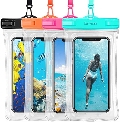 Caixa de telefonia à prova d'água Karvense flutuando, bolsa/suporte para celular à prova d'água para iPhone, Samsung Galaxy, pixel, bolsa seca universal para férias, praia, chuveiro, caiaque, snorkeling- 4 pacote