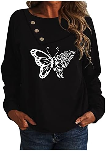 Jjhaevdy feminina Casual Butterfly Impressão de mangas compridas Tops Button Button Fleece Pullover Blusa leve Blusa Sweathirts
