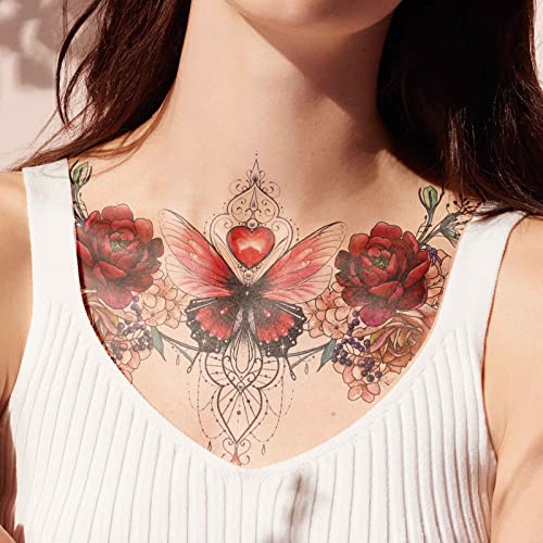 Konsait colorido peito tatuagens temporárias para mulheres meninas grandes adultas tatuagens temporárias jóias de flores rosa tatuagens falsas para mulheres tatuagens sexy dastam longas tatuagens corporais realistas na barriga traseira do peito