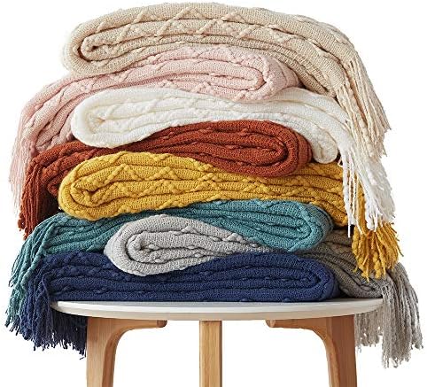 SunStyle Home Rust Bobet para sofá 50 x 60 polegadas - Cobertores de verão de malha decorativos com borlas - arremesso de fazenda sólida texturizada de tecido leve para todas as estações