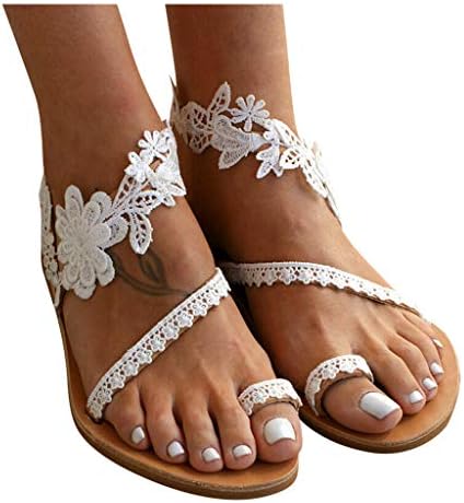 Sandálias para mulheres com renda de flor elegante sandálias planas abertas de pé casual praia de praia boho sandálias