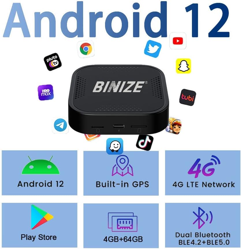 Binize Android 12 CarPlay AI Box, 4+64g, Wireless Wireless Wireless Android Automotor ADAPTER AI Caixa para carro com OEM com Wired