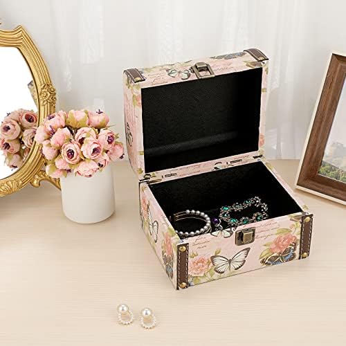 Elldoo Butterfly Tesouro Caixa de baú, madeira + caixa decorativa de armazenamento de couro PU para bugigangas de jóias, caixa de