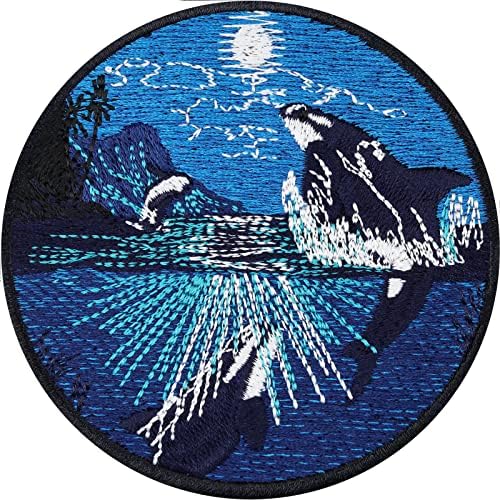 Whale Whale in the Moonlight Sew On Patch - Ferro em remendos para amantes da vida aquática, amantes da natureza - EXCLUSIVO SAVE ECOSSYSTEM EMPLEME para jaquetas, jeans, mochilas, chapéus, camisa - 3,14x3.14 em