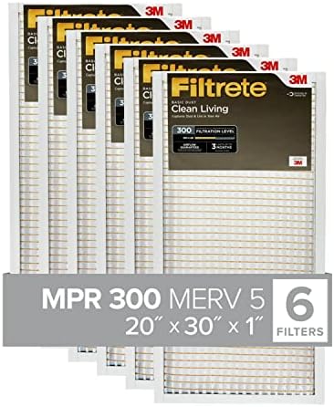 Filtrete 20x30x1 Filtro de ar, MPR 300, Merv 5, Living Living Basic Basic Poeira de 3 meses Filtros de ar de 1 polegada, 6 filtros