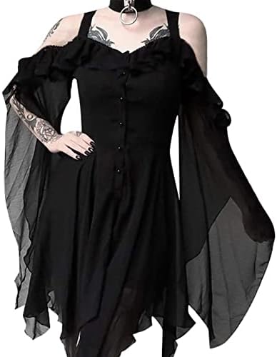 Vestido floral para mulheres, Womne plus size fria ombro frio manga de borboleta Lace Up Halloween Gothic Dress