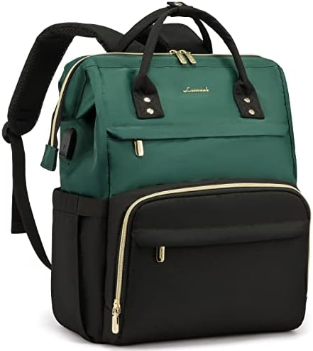 Backpack de laptop LoveVook Purse para mulheres, mochilas elegantes de negócios de computadores de 17 polegadas, bolsas de enfermagem de professores para o trabalho, mochila casual Daypack com porta USB, preto verde-escuro