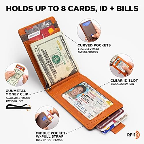 Pockt Slim Bifold Cartet para homens com clipe de dinheiro - Minimalista de bolso de bolso de bolso dianteiro de couro minimalista