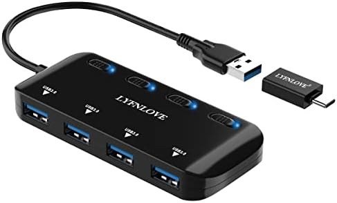 4-porta USB Hub 3.0 com adaptador USB C ， LyfnLove USB Extender com interruptor de energia individual, Splitter USB Ultra Slim