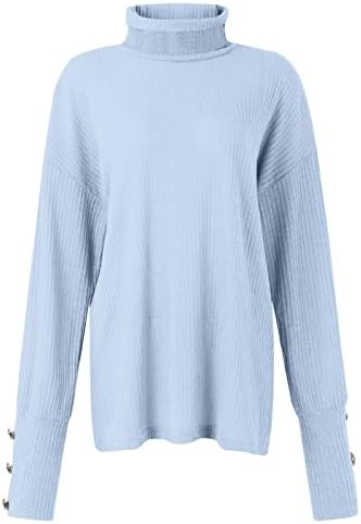 Suéteres de algodão feminino Turtleneck Top Pullover solto botão para cima de manga comprida Camisa de fundo de malha de cor sólida