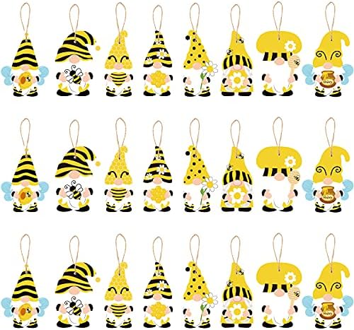 Watinc 25 Pack Bee Gnome pendurado ornamento de madeira, gnomo de abelha amarela com chapéu pendente de madeira para decoração de