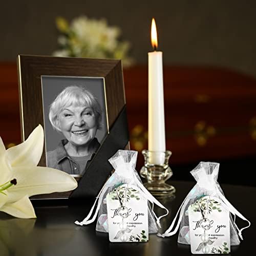 Angel Keychain Funeral Favors Set, Memorial Angel Keychains White Organza Bags simpatia Obrigado Tags por amigos da família