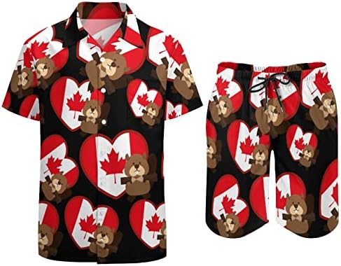 Canada Heart Marmot Hawaiian Button-Down Camisetas e calças de manga curta Roupas de praia de verão
