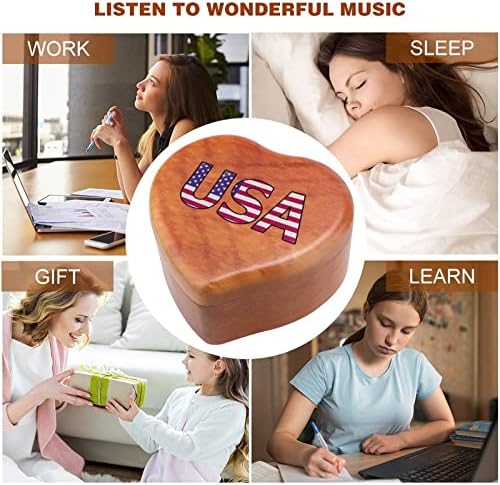 American Flag Heart Music Box Wooden Musical Boxes Melhor presente para aniversário de aniversário de aniversário