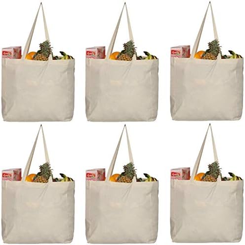 GreenMile 6 Pack Canvas Sacos de supermercado reutilizáveis ​​- Algodão para compras de pano de mercearia com alças longas - Bolsa de