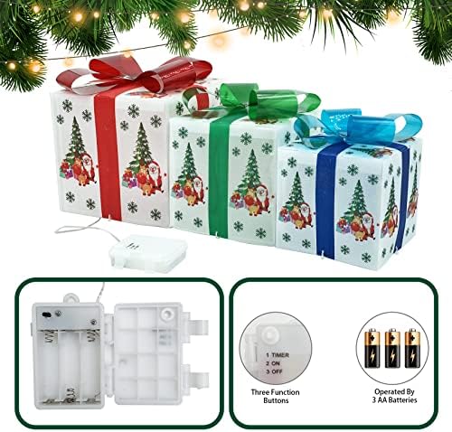 Caixas de presente iluminadas Conjunto de 3, caixas de presente iluminadas de Natal com 48 luzes LED Bateria operada para decorações