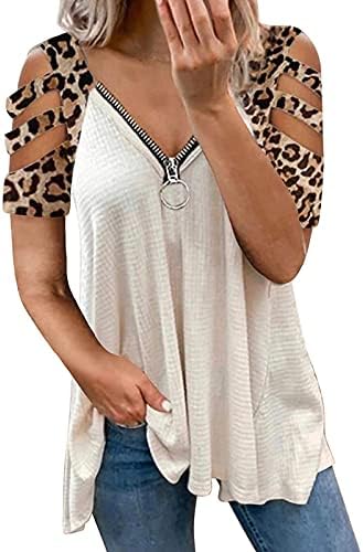Blouses de ombro frio feminino Zip Up V Pescoço de leopardo Prinha de manga curta de verão Tops de camisetas casuais