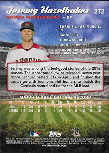2017 Topps Stadium Club 272 Jeremy Hazelbaker Arizona Diamondbacks Baseball Card