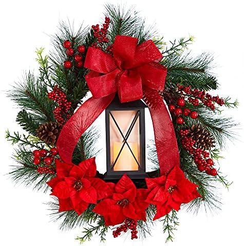 Quase natural 28in. Poinsettia e Berry Holiday Lantern Christmas Greath com vela LED, vermelho