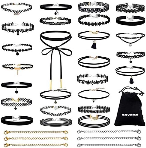 Colares de gargantilha PAXCOO 32 PCs, incluindo 26 pcs de colares de gargantilha preta e 6 PCs Extender Chains for Women Girls