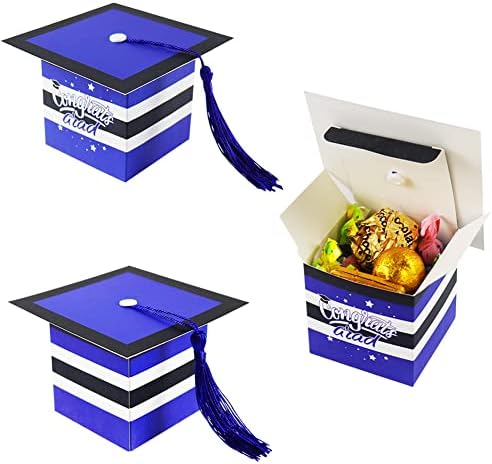 30pcs Caixas de doces de tampa de graduação 2023 Blue Parabéns Caixas de presentes de graduação Graduação Caixas de tratamento com borla para a festa de formatura Favores caixas