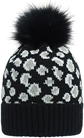 Mulher moda a leopardo solto impressão de lã knit chapéu de vento de vento quente com renda