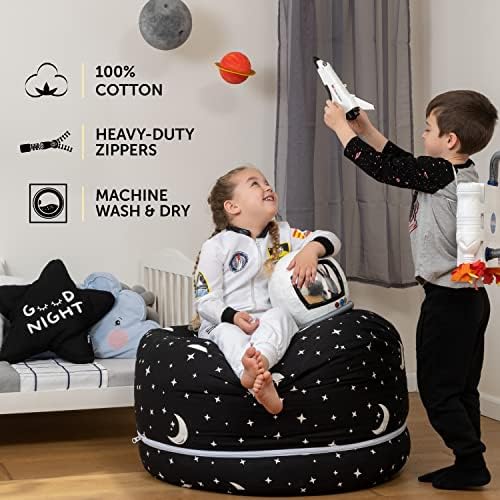 2 tamanhos em 1 capa de cadeira de saco de feijão de armazenamento de animais recheados para crianças e adultos | Lavável XL Stuffie Seat | algodão | Organizador POUF para brinquedos de pelúcia, roupas de cama, colchas e travesseiros | Noite estrelada