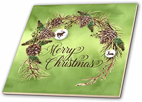 3drose Feliz Natal Texto em galhos botânicos de inverno verde brilhante - ladrilhos
