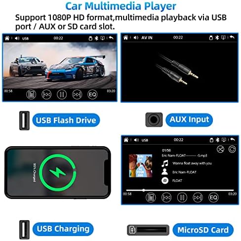 Estéreo de carro com CarPlay e Android Auto, rádio de carro duplo de 7 polegadas com Bluetooth, Link do espelho, controles